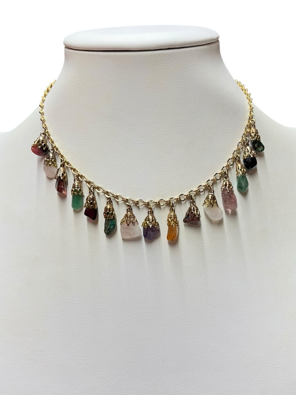 Vintage Colorful Rainbow Gemstone Choker Necklace Gold Tone